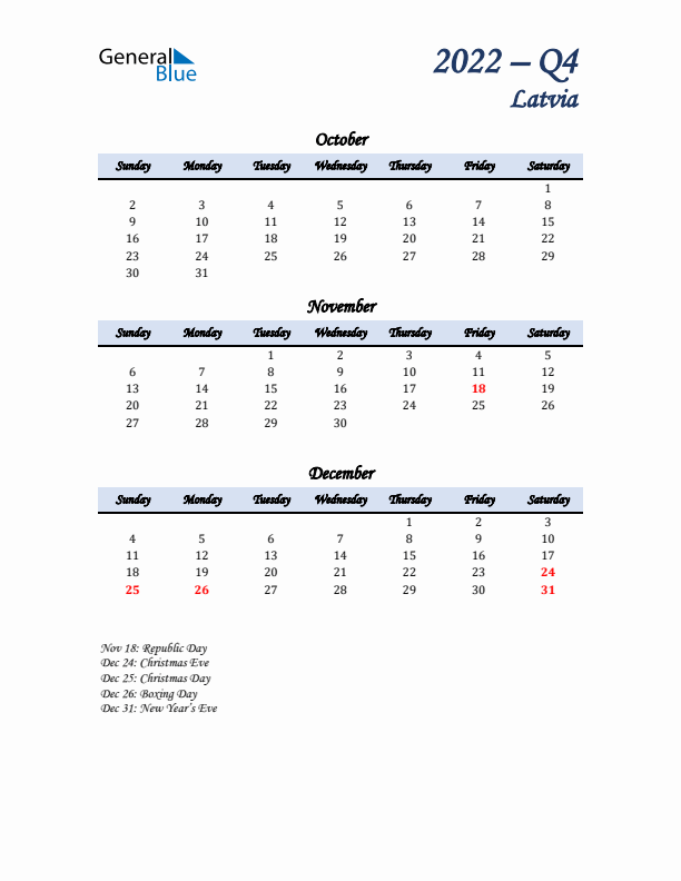 October, November, and December Calendar for Latvia with Sunday Start