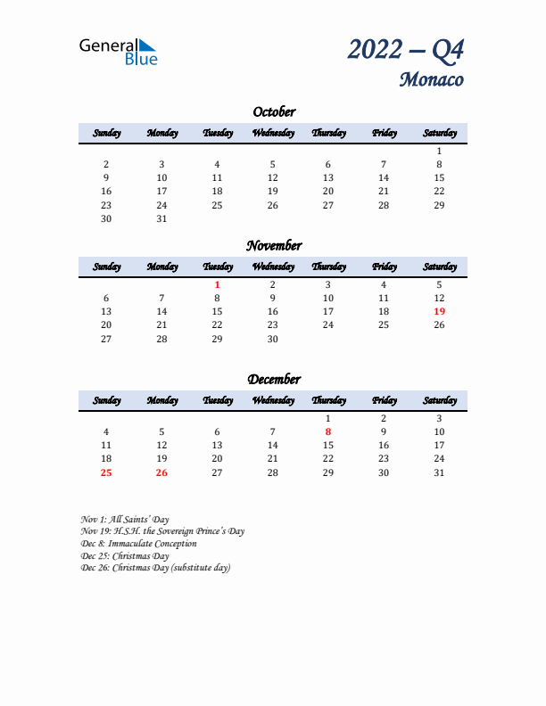 October, November, and December Calendar for Monaco with Sunday Start