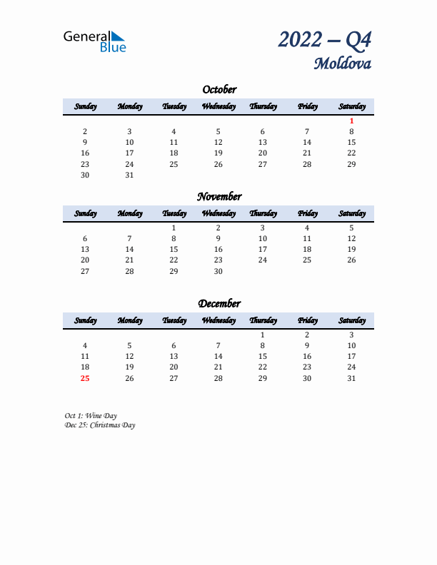 October, November, and December Calendar for Moldova with Sunday Start