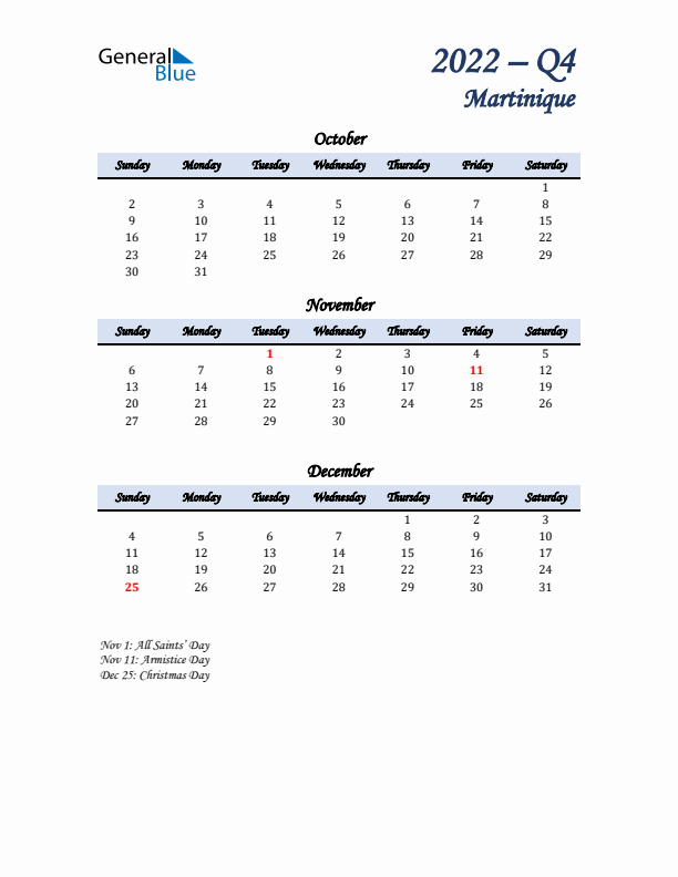 October, November, and December Calendar for Martinique with Sunday Start