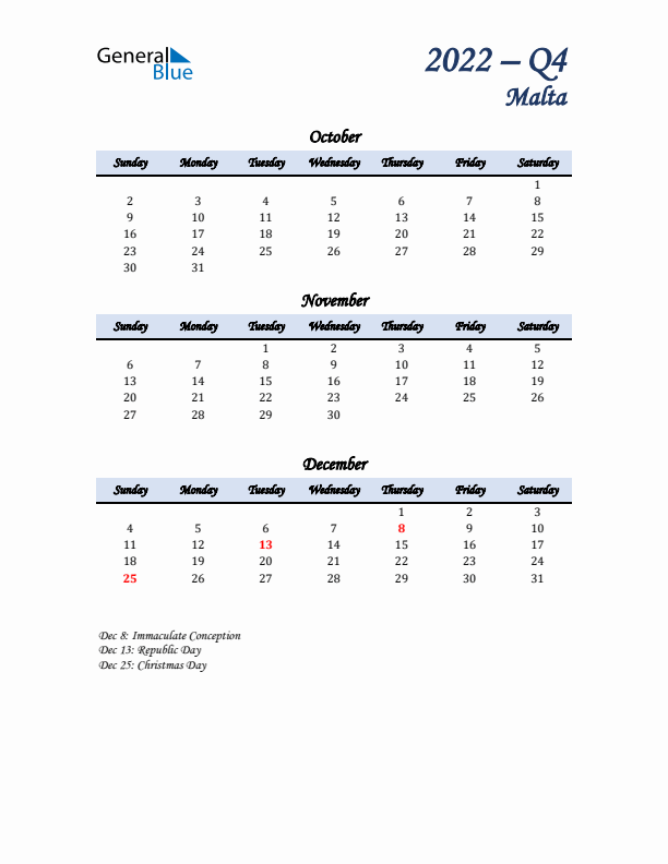 October, November, and December Calendar for Malta with Sunday Start