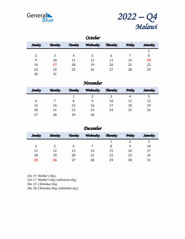 October, November, and December Calendar for Malawi with Sunday Start