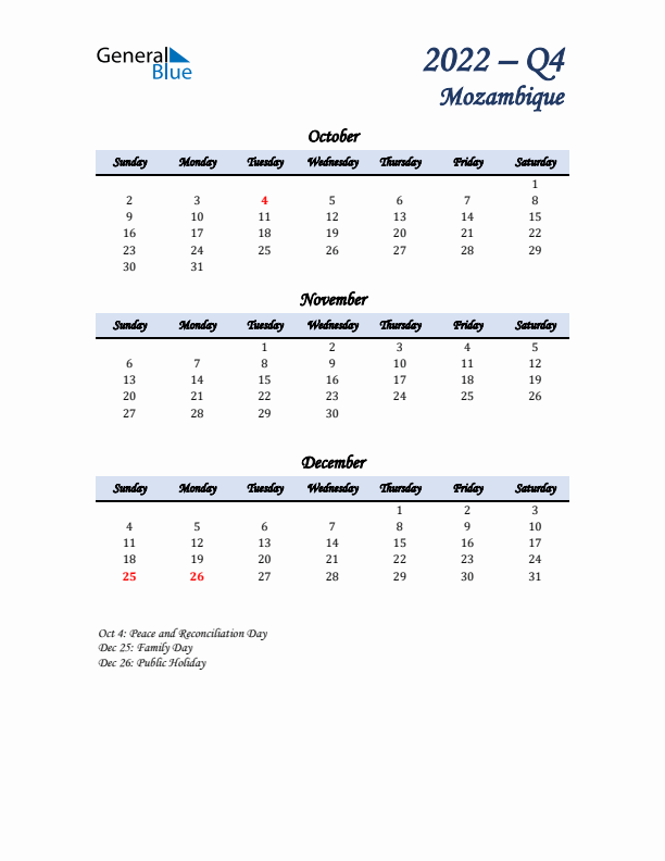 October, November, and December Calendar for Mozambique with Sunday Start