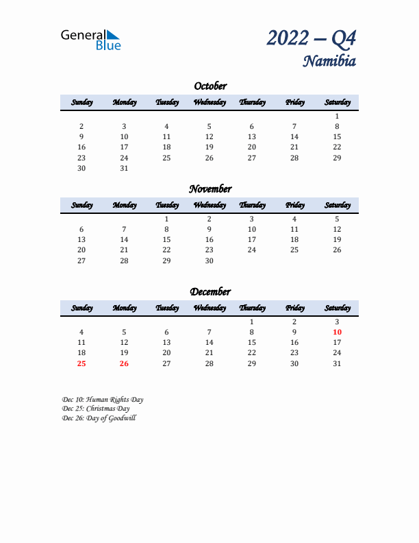 October, November, and December Calendar for Namibia with Sunday Start