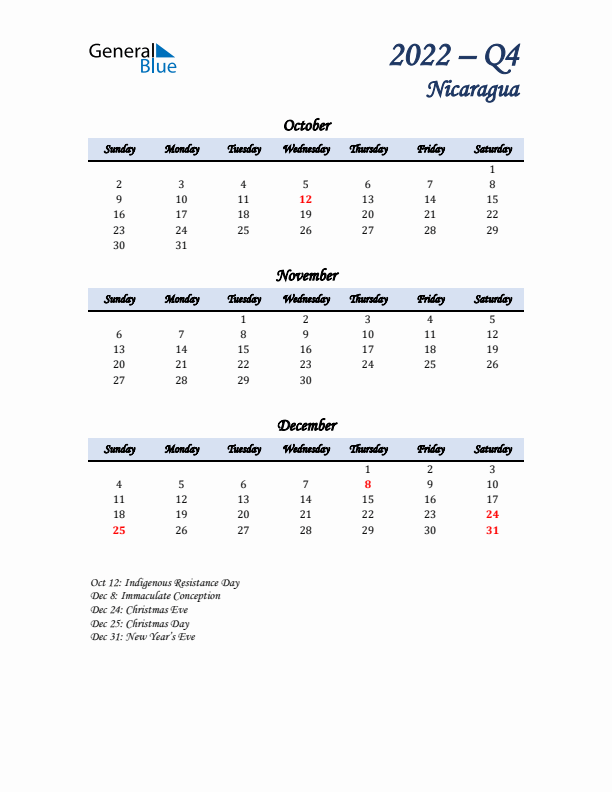 October, November, and December Calendar for Nicaragua with Sunday Start