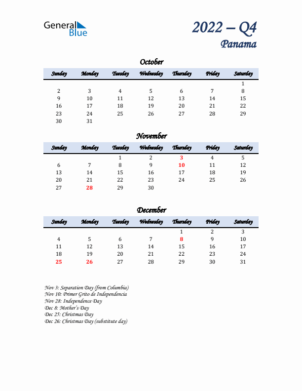 October, November, and December Calendar for Panama with Sunday Start