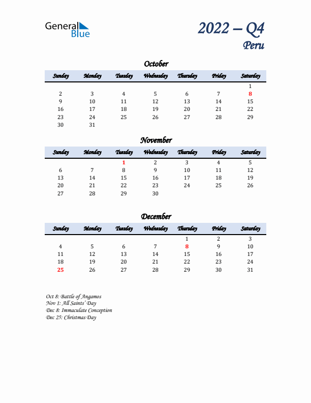 October, November, and December Calendar for Peru with Sunday Start