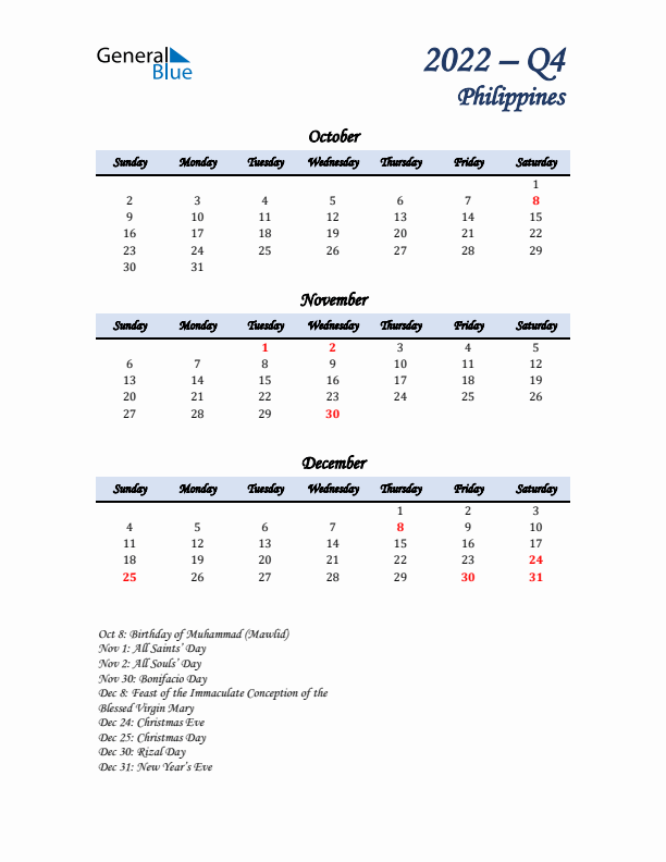 October, November, and December Calendar for Philippines with Sunday Start