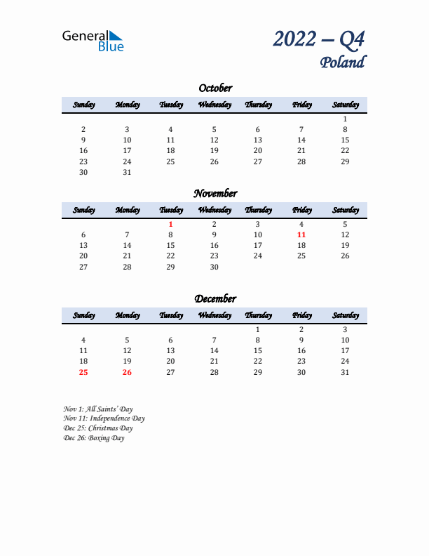 October, November, and December Calendar for Poland with Sunday Start