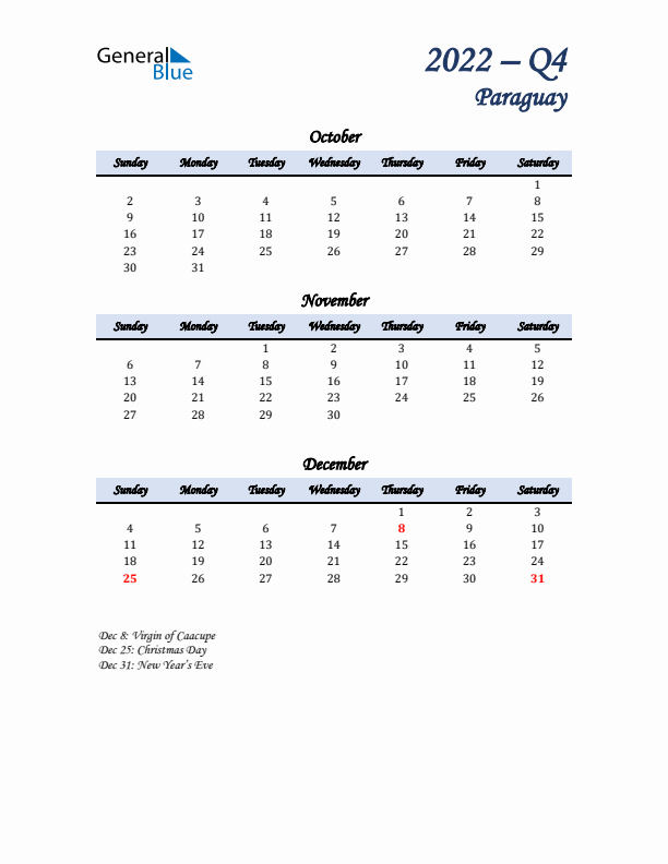 October, November, and December Calendar for Paraguay with Sunday Start