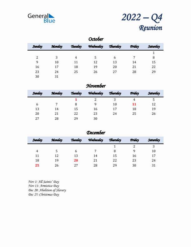 October, November, and December Calendar for Reunion with Sunday Start