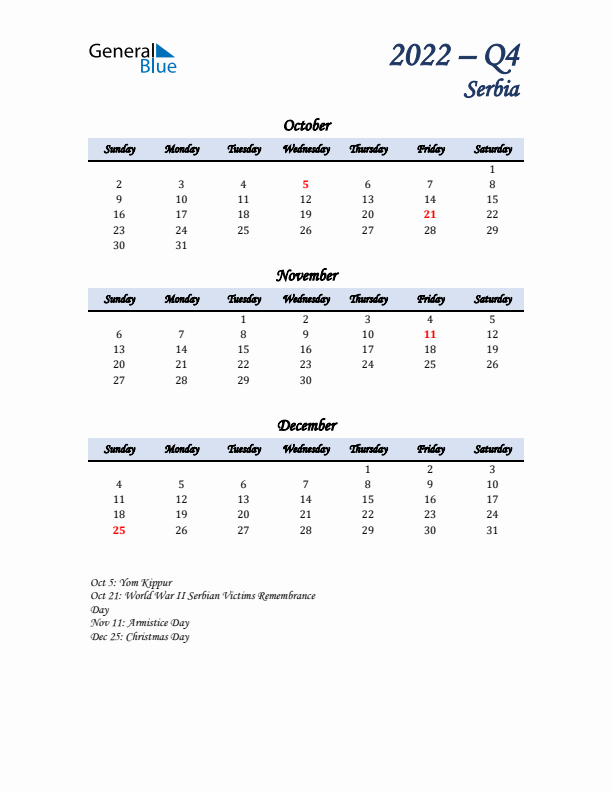 October, November, and December Calendar for Serbia with Sunday Start