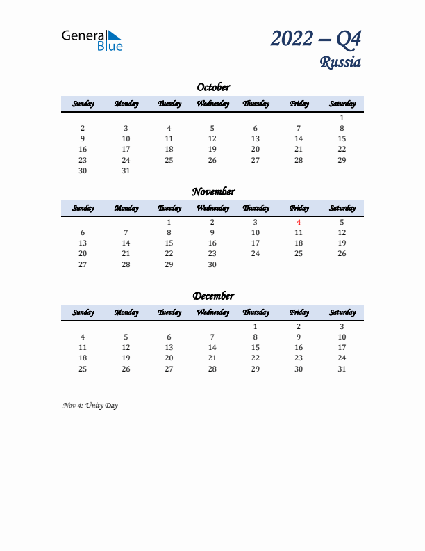 October, November, and December Calendar for Russia with Sunday Start