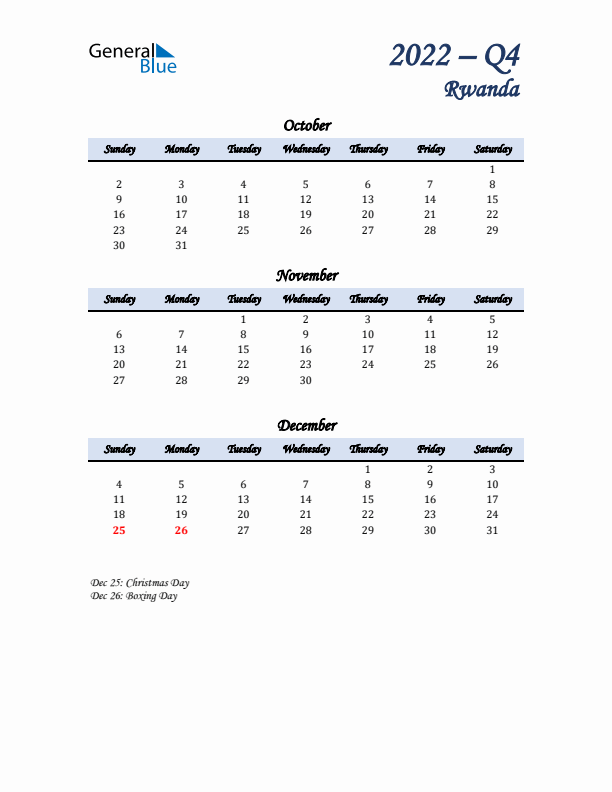 October, November, and December Calendar for Rwanda with Sunday Start