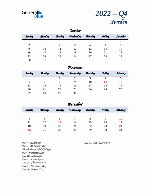 October, November, and December Calendar for Sweden with Sunday Start