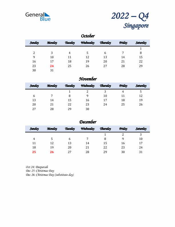 October, November, and December Calendar for Singapore with Sunday Start