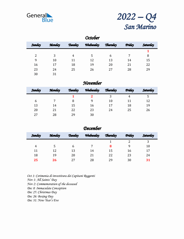 October, November, and December Calendar for San Marino with Sunday Start