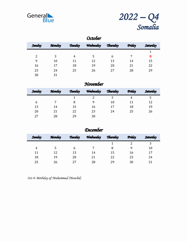 October, November, and December Calendar for Somalia with Sunday Start