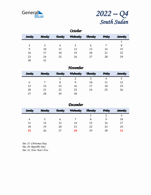 October, November, and December Calendar for South Sudan with Sunday Start