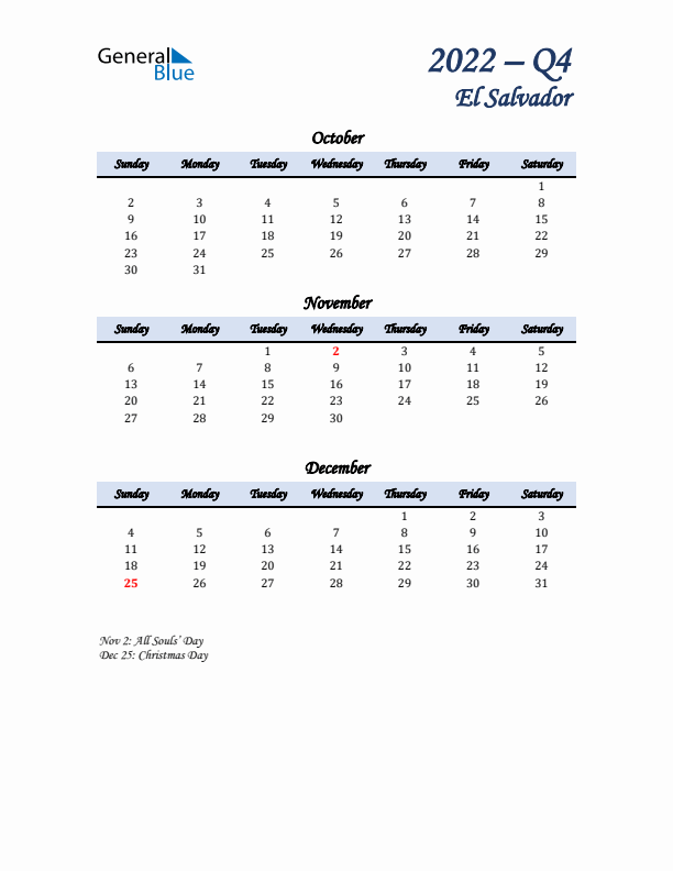 October, November, and December Calendar for El Salvador with Sunday Start