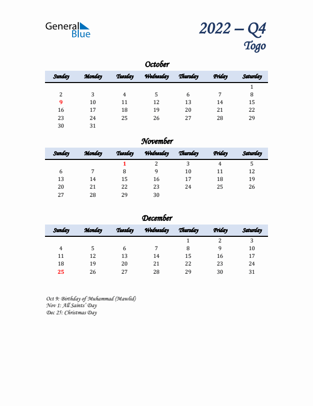 October, November, and December Calendar for Togo with Sunday Start