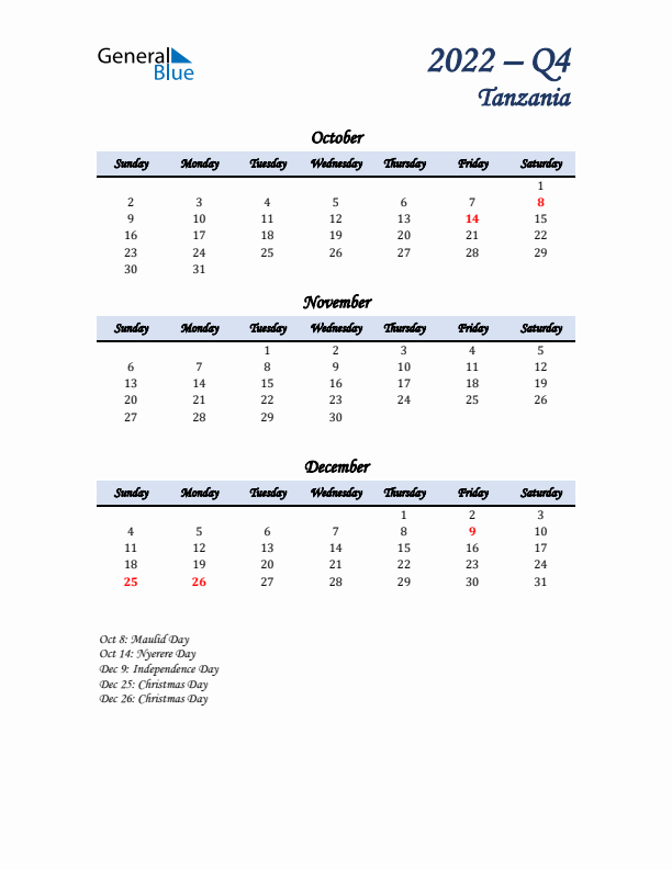 October, November, and December Calendar for Tanzania with Sunday Start