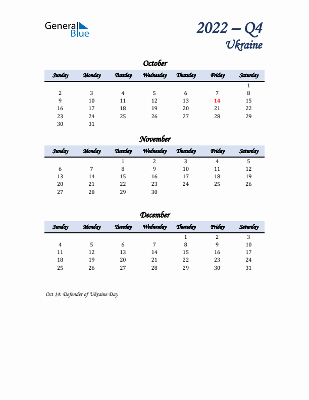 October, November, and December Calendar for Ukraine with Sunday Start