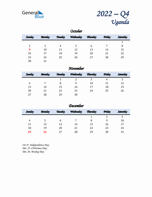 October, November, and December Calendar for Uganda with Sunday Start