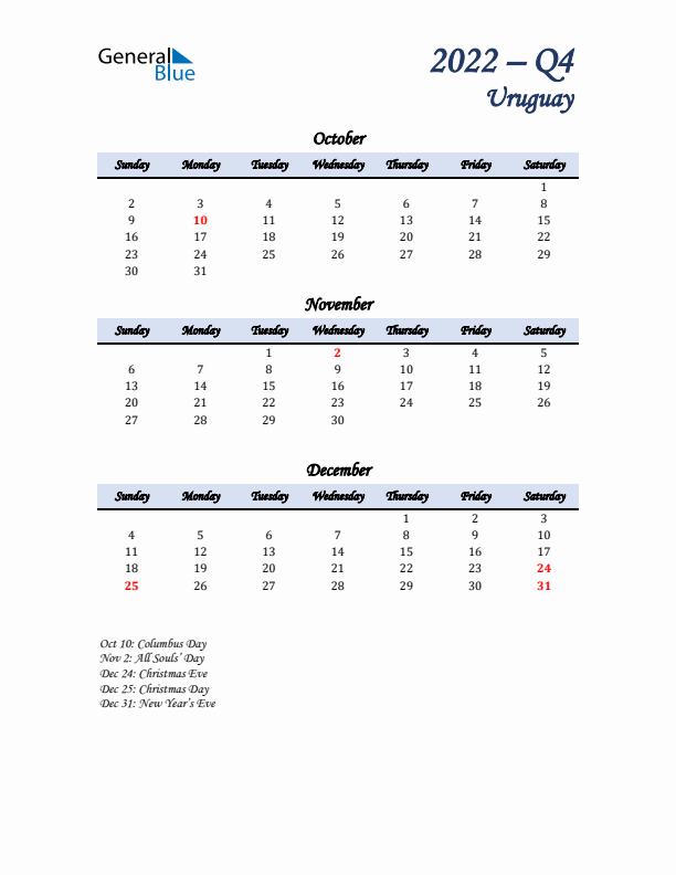 October, November, and December Calendar for Uruguay with Sunday Start