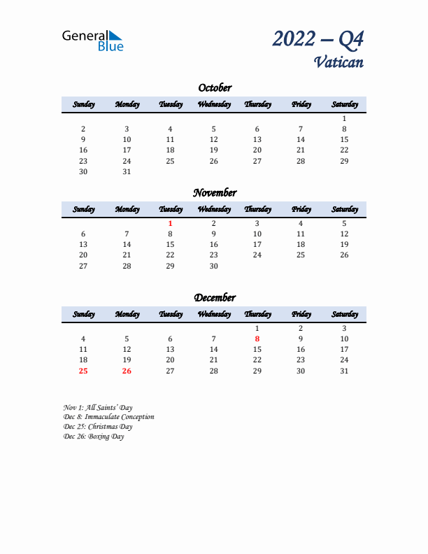 October, November, and December Calendar for Vatican with Sunday Start