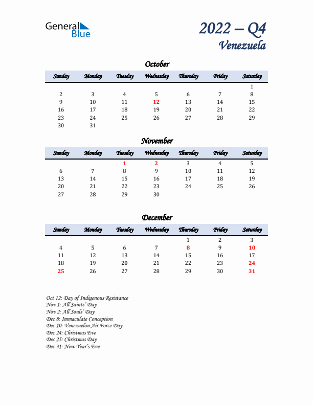 October, November, and December Calendar for Venezuela with Sunday Start