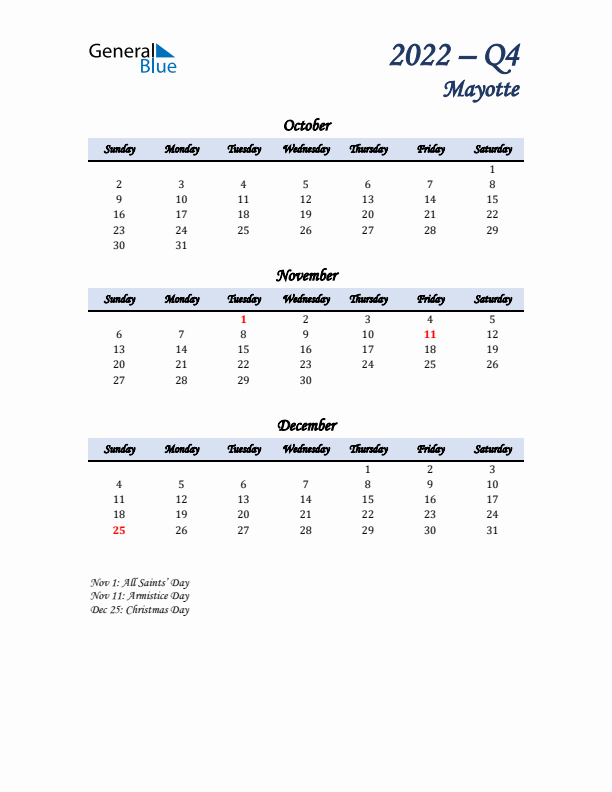 October, November, and December Calendar for Mayotte with Sunday Start