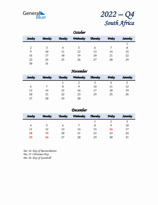 October, November, and December Calendar for South Africa with Sunday Start