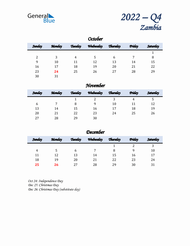 October, November, and December Calendar for Zambia with Sunday Start