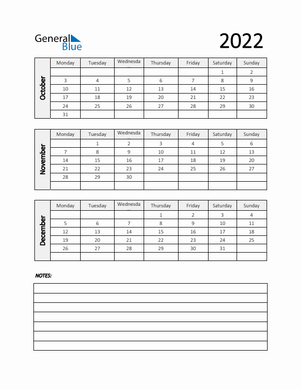 Q4 2022 Calendar with Notes