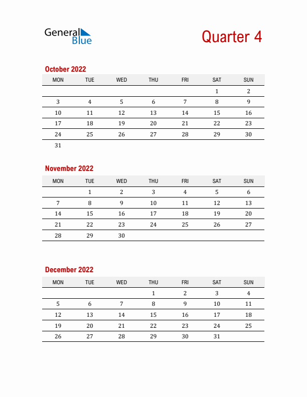 Three-Month Printable Calendar 2022