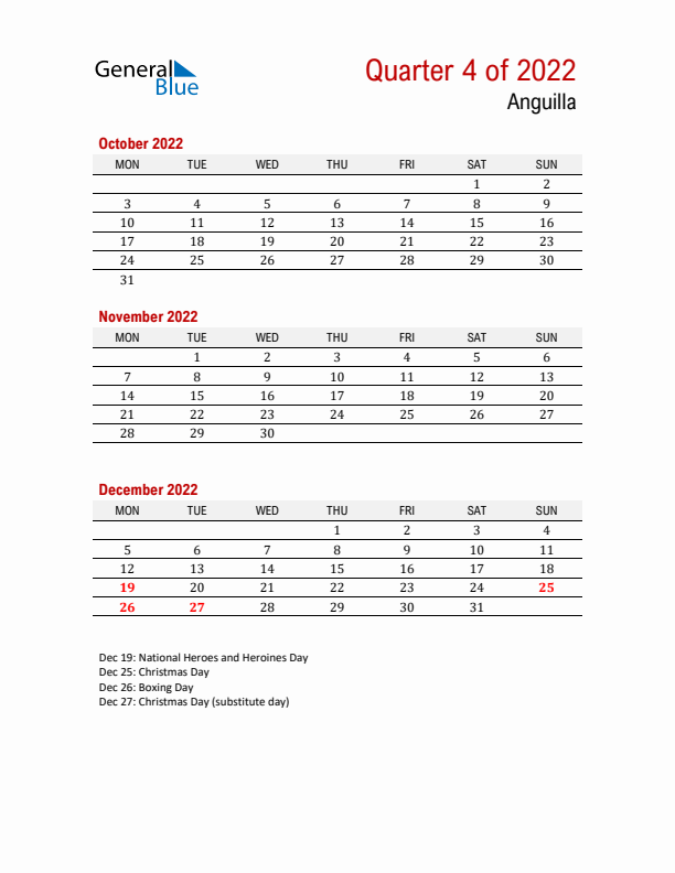 Printable Three Month Calendar with Anguilla Holidays