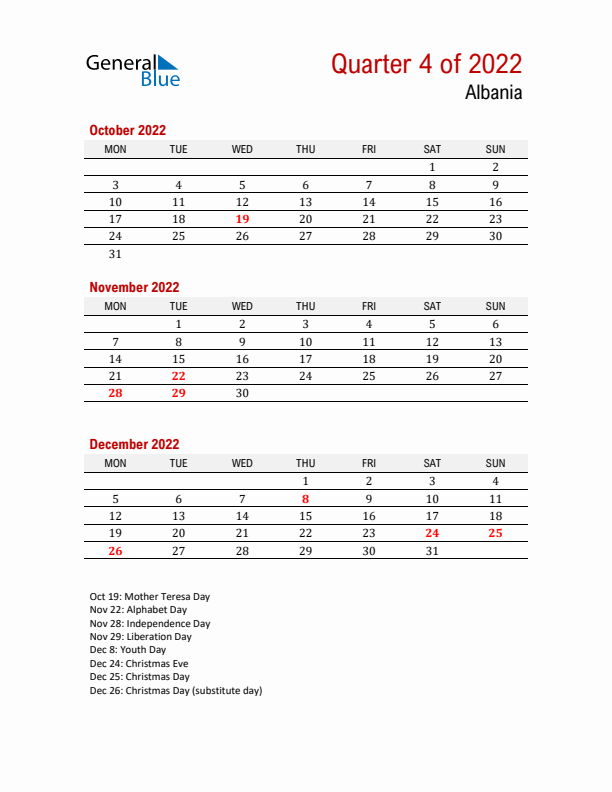 Printable Three Month Calendar with Albania Holidays