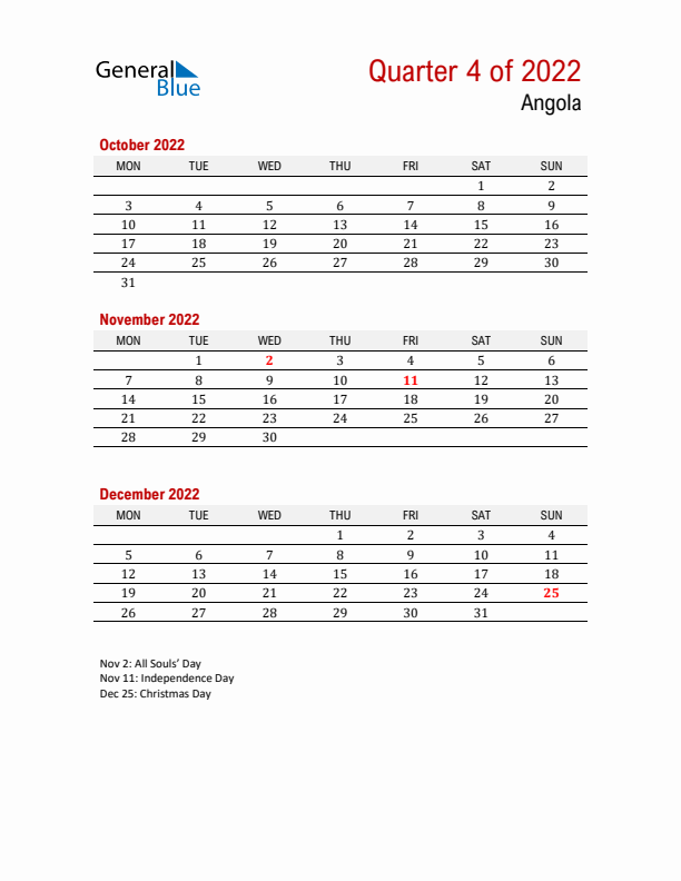 Printable Three Month Calendar with Angola Holidays