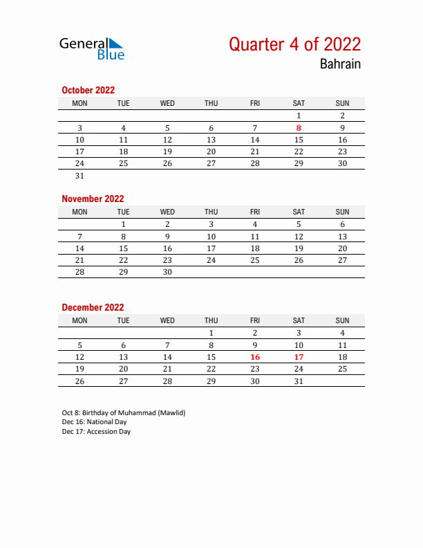 Printable Three Month Calendar with Bahrain Holidays