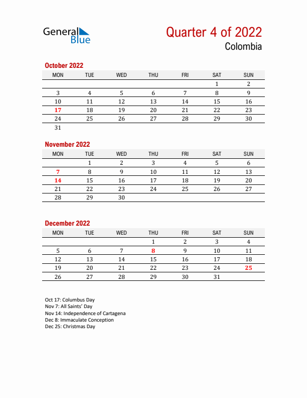 Printable Three Month Calendar with Colombia Holidays