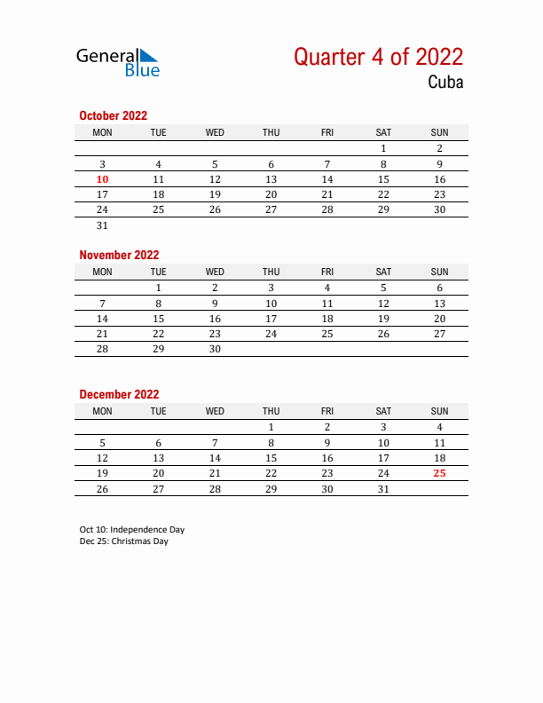 Printable Three Month Calendar with Cuba Holidays