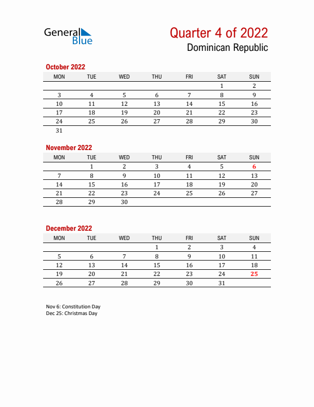 Printable Three Month Calendar with Dominican Republic Holidays