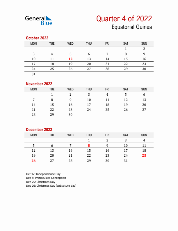 Printable Three Month Calendar with Equatorial Guinea Holidays