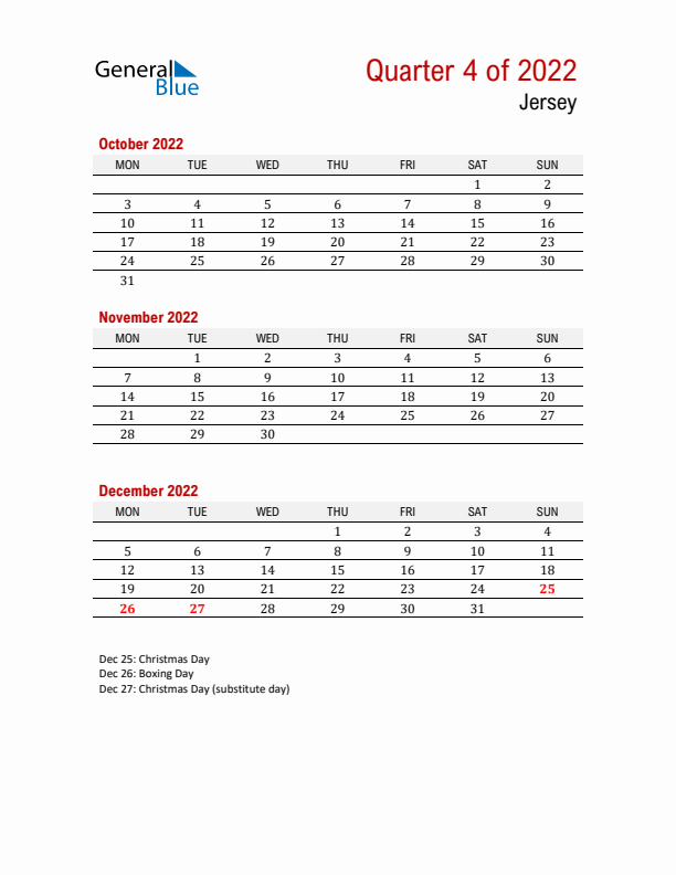 Printable Three Month Calendar with Jersey Holidays