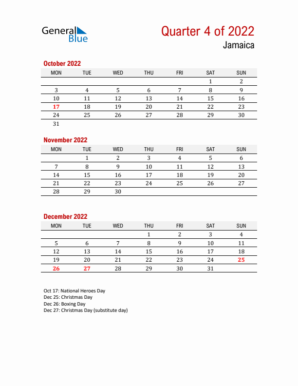 Printable Three Month Calendar with Jamaica Holidays