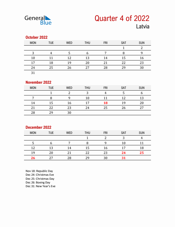 Printable Three Month Calendar with Latvia Holidays