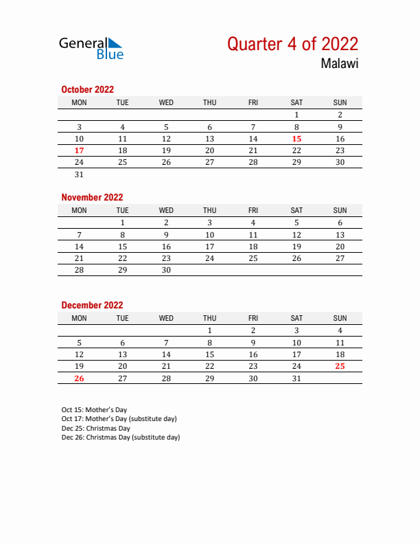 Printable Three Month Calendar with Malawi Holidays