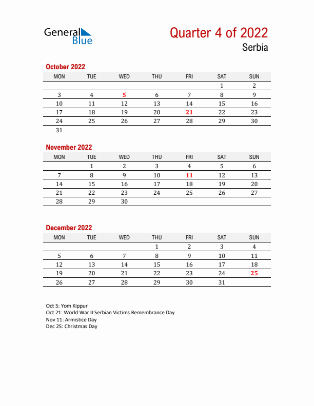 Printable Three Month Calendar with Serbia Holidays