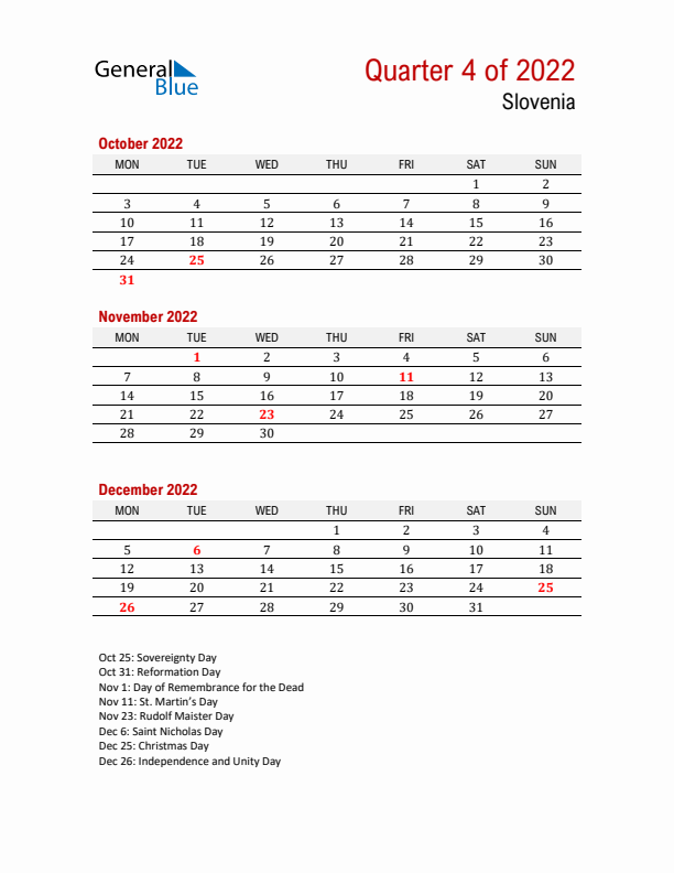 Printable Three Month Calendar with Slovenia Holidays